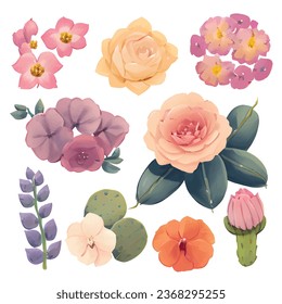 1 vector set of various watercolor style flowers with bright colors