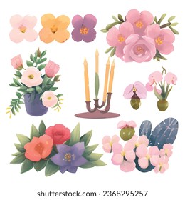 1 vector set of various watercolor style flowers with bright colors