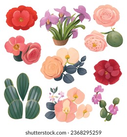 1 vector set of various watercolor style flowers with bright colors
