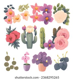 1 conjunto vectorial de varias flores de color acuático con colores brillantes