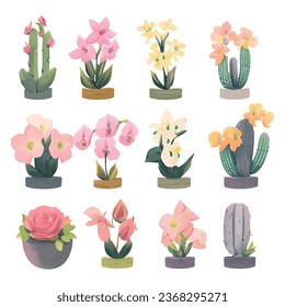 1 vector set of various watercolor style flowers with bright colors