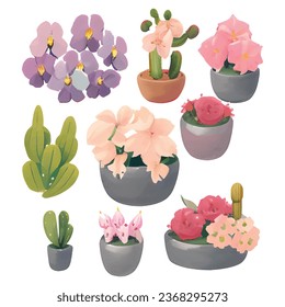 1 vector set of various watercolor style flowers with bright colors