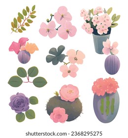 1 Vektorset verschiedener Blumen mit Aquarellfarben und hellen Farben