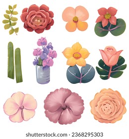 1 vector set of various watercolor style flowers with bright colors