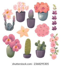 1 vector set of various watercolor style flowers with bright colors