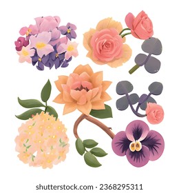 1 vector set of various watercolor style flowers with bright colors
