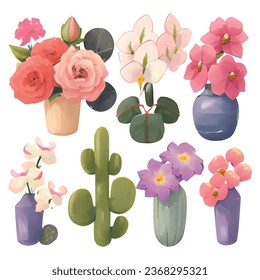 1 vector set of various watercolor style flowers with bright colors