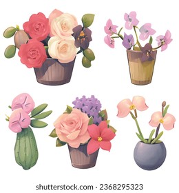 1 vector set of various watercolor style flowers with bright colors
