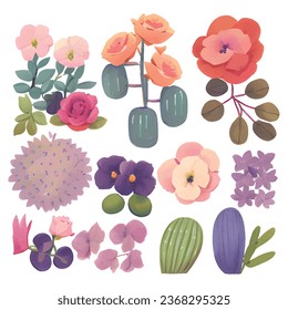 1 vector set of various watercolor style flowers with bright colors