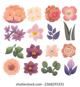 1 vector set of various watercolor style flowers with bright colors
