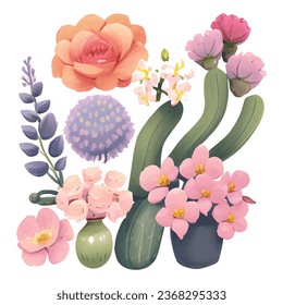 1 vector set of various watercolor style flowers with bright colors
