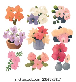 1 vector set of various watercolor style flowers with bright colors