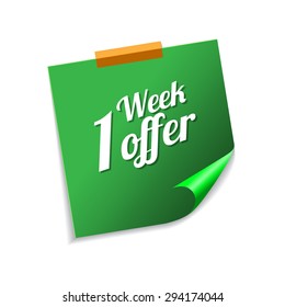1 Week Offer Green Sticky Notes Vector Icon Design