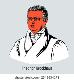 1 entrou para a história como o mais famoso editor alemão, um verdadeiro magnata do livro que criou a editora "Brockhaus". Ilustração de vetor desenhada à mão