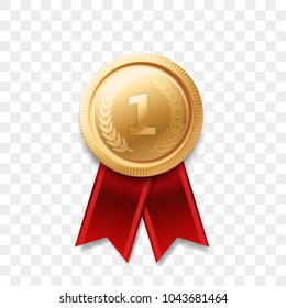 1 winner golden medal award with ribbon vector realistic icon isolated on transparent background. Number one 1st place or best victory champion prize award gold shiny medal badge