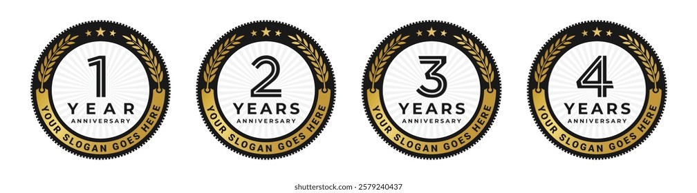 1 year to 4 years anniversary logo golden circle emblem vector design illustration collection isolated