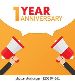 1 year anniversary - advertising sign with megaphone. Vector stock illustration.