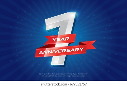 1 year anniversary background with red ribbon and star on blue background. celebrating logotype, poster or brochure template. Vector illustration