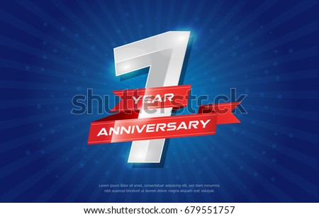 1 year anniversary background with red ribbon and star on blue background. celebrating logotype, poster or brochure template. Vector illustration