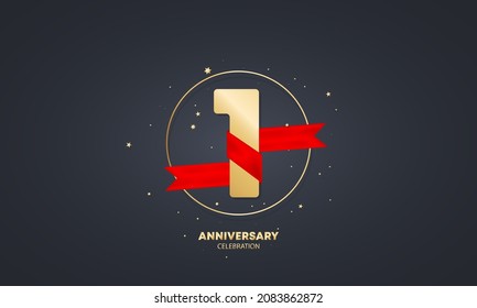 1 year anniversary banner with red ribbon on white. One years celebration. Poster or brochure template. Vector EPS 10. Isolated on background.