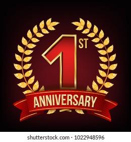 1 Year Anniversary Banner Vector. One, First Celebration. Shining Gold Sign. Number One. Laurel Wreath. Red Ribbon. For Business Event Design. Illustration
