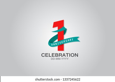 1 year anniversary blue ribbon celebration logotype. anniversary logo with Red text and Tosca Ribbons isolated on grey background, vector design for celebration, invitation vector