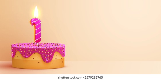 1 year anniversary. Cake with burning candles and confetti. Birthday banner. Vector illustration