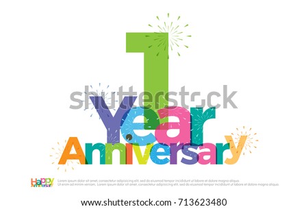 1 year anniversary celebration colorful logo with fireworks on white background. 1st. anniversary logotype template design for banner, poster, card vector illustrator