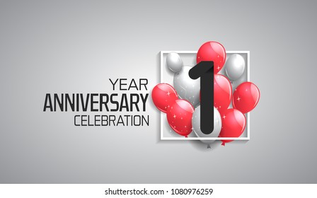 1 year anniversary celebration for company with balloons in square isolated on white background 