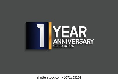 1 year anniversary celebration design with blue square and golden line isolated on gray background 