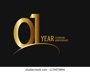 1 year anniversary celebration design. anniversary logo with swoosh and golden color isolated on black background, vector design for greeting card and invitation card.