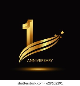 1 Year Anniversary Celebration Design. - gold swoosh and star on black background