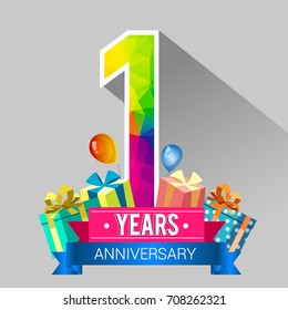 1 Year Anniversary Celebration Design, With Gift Box And Balloons, Red Ribbon, Colorful Polygonal Logotype, Vector Template Elements For Your Birthday Party.