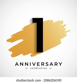 1 Year Anniversary Celebration with Gold Brush Symbol. Happy Anniversary Greeting Celebrates Event Isolated on White Background