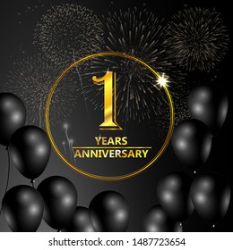 1 year anniversary celebration. Anniversary logo with ring and elegance golden color isolated on black background, vector design for celebration, invitation card, and greeting card.
