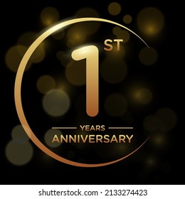 1 year anniversary celebration. Anniversary logo with ring and elegance golden color isolated on black background, vector design for celebration, invitation card, greeting card, and banner