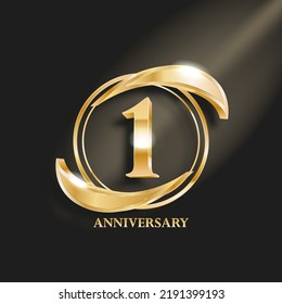 1 year anniversary celebration. Anniversary logo with ring and elegance golden color isolated on black background, vector design for celebration, invitation card, and greeting card