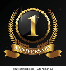 1 year anniversary celebration. Anniversary logo with ring and elegance golden color isolated on black background, vector design for celebration, invitation card, and greeting card