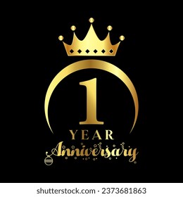 1 year anniversary celebration. Anniversary logo with crown and golden color vector illustration.