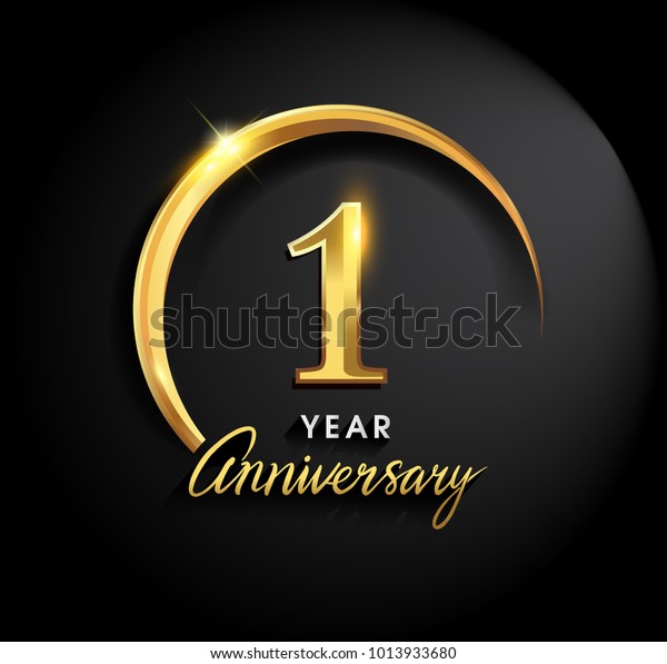 1\
year anniversary celebration. Anniversary logo with ring and\
elegance golden color isolated on black background, vector design\
for celebration, invitation card, and greeting\
card