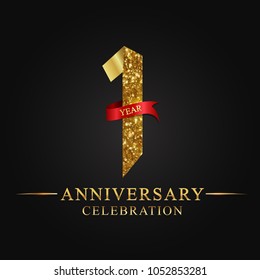 1 year anniversary celebration logotype. Logo ribbon golden number on black background.