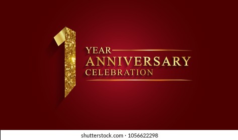 1 year anniversary celebration logotype. Logo,ribbon golden number on red background.Numbers ribbon gold foil.