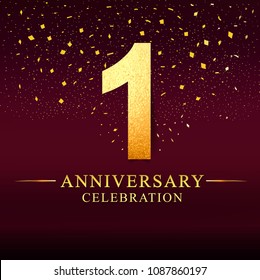 1 year anniversary celebration logotype. Anniversary logo with golden on dark pink background, vector design for invitation card, greeting card.