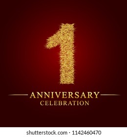 1 year anniversary celebration logotype. Logo gold pile of dry rice on red background. Number nest and fuzz gold foil.