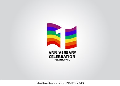 1 year anniversary celebration logotype with white number Emboss Style isolated on LGBT Colorful Flag on white grey background for invitation card, banner or flyer - vector