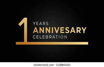 1 Year Anniversary Celebration Logotype with Single Line Golden and Silver Color for Celebration Event, Wedding, Greeting card, and Invitation Isolated on Black Background