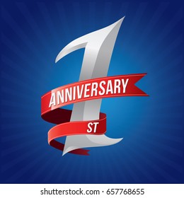 1 year anniversary celebration logotype. 1st silver number with red ribbons on blue background