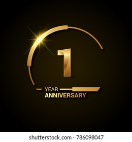 1 Year Anniversary Celebration Logotype. Golden Elegant Vector Illustration with Half Circle, Isolated on Black Background can be use for Celebration, Invitation, and Greeting card