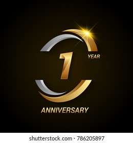 1 Year Anniversary Celebration Logotype. Golden Elegant Vector Illustration with Swoosh, Isolated on Black Background can be use for Celebration, Invitation, and Greeting card