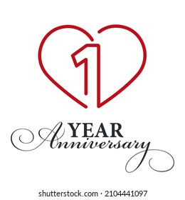 1 Year Anniversary Celebration Number One Bounded By A Loving Heart Red Modern Love Line Design Logo Icon White Background